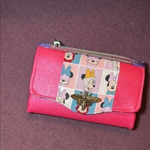 Pink Wallet with Cartoon Print and Gold Accent